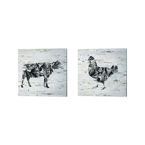 Great Art Now Filigree Cow & Chicken on Wood by Piddix 2 Piece Canvas Art Set Each 14"W x 14"H