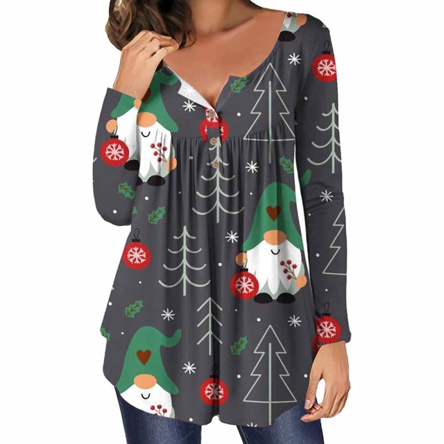 Pntutb Mujer Casual Navidad Impreso Jersey Cuello Redondo Manga Larga Botones Blusa tops Pntutb Pntutb-5274