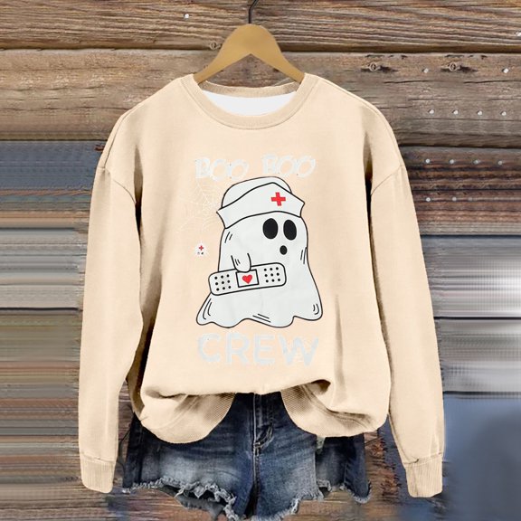 Womens Oversized Sweatshirts Halloween Boo Boo Ghost Graphic Crew Neck Long Sleeve Goth Y2K Streetwear Holiday Pullover Tops Fall Winter Clothes Beige L