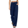thumbnail image 2 of Women's Cotton Loose Casual Pants with Pockets, Mid Elastic Waist Drawstring, Solid Lightweight Soft Stretchy, Morning Lounge Beach Outdoor, Womens Trousers Long Straight Pants, 2 of 7