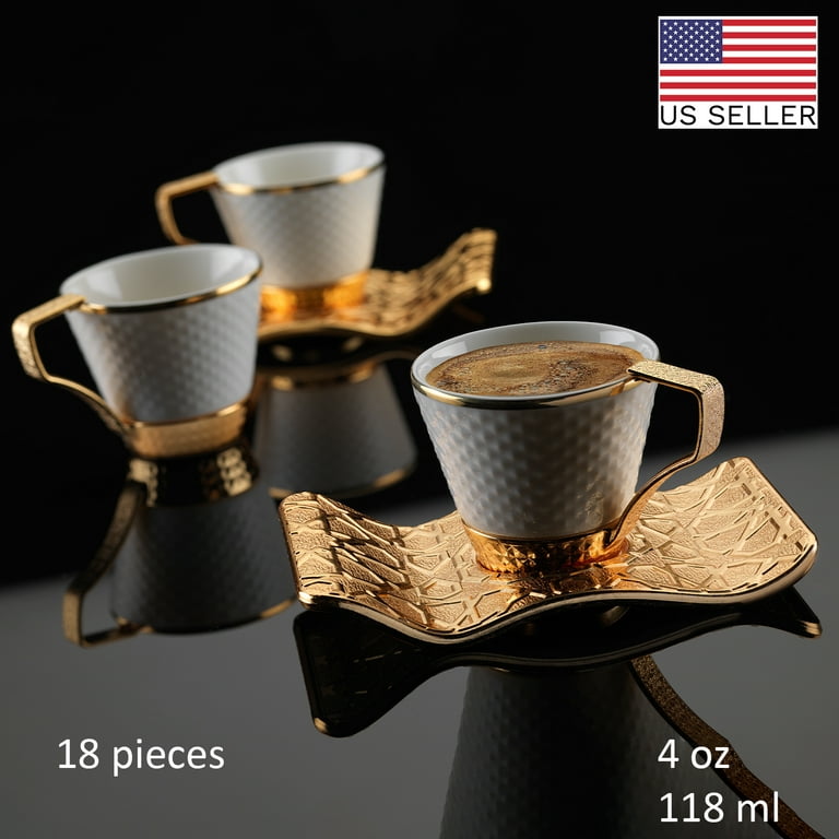 Fancy Turkish Coffee Cups Set of 6, Turkish Porcelain Espresso Small Mugs  with Saucers, 18 Pieces Gift Box Demitasse Set