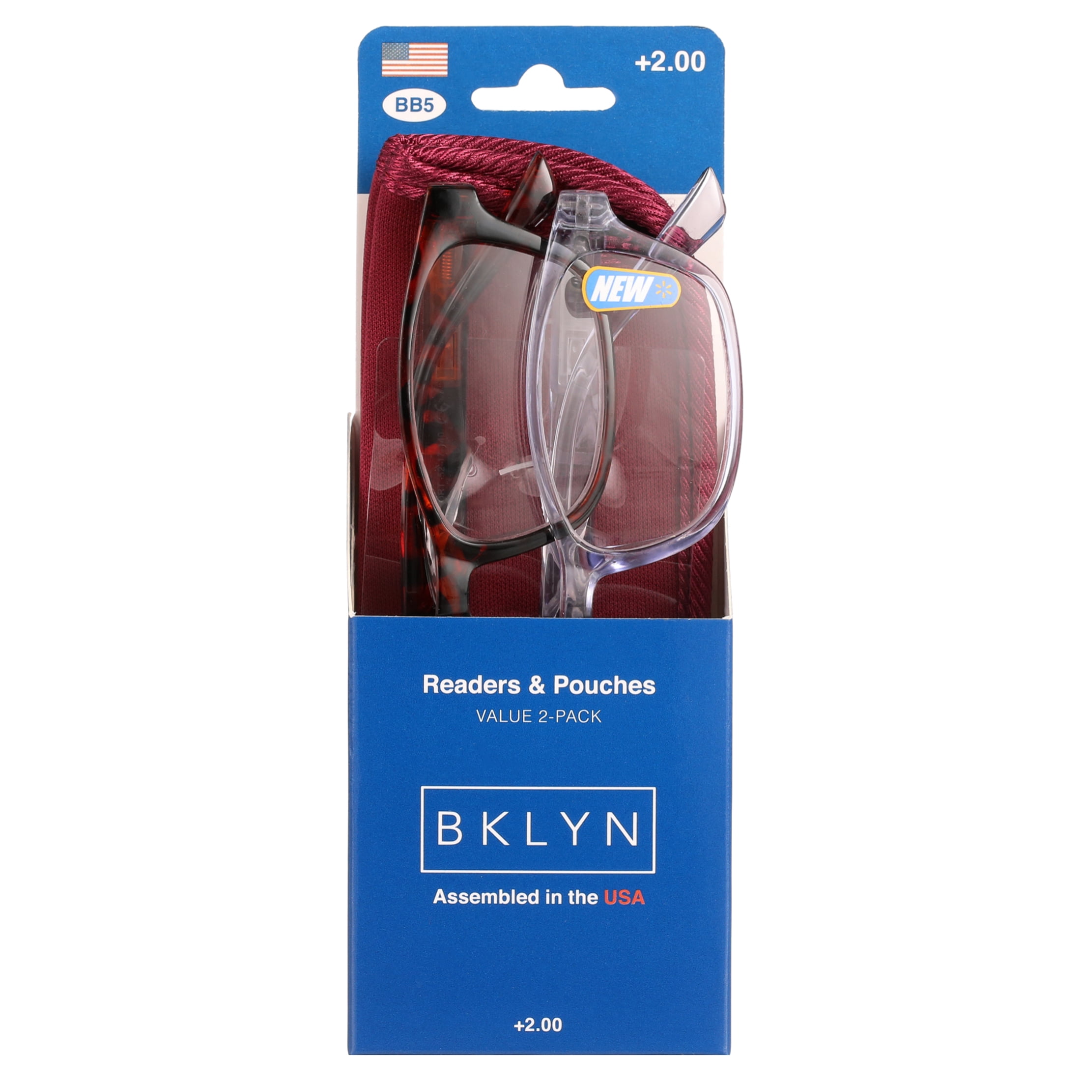 Bklyn, Albee +2.00, Adult, Womens, Plastic Reading Glasses & Pouches Value Pack , 2 Ea