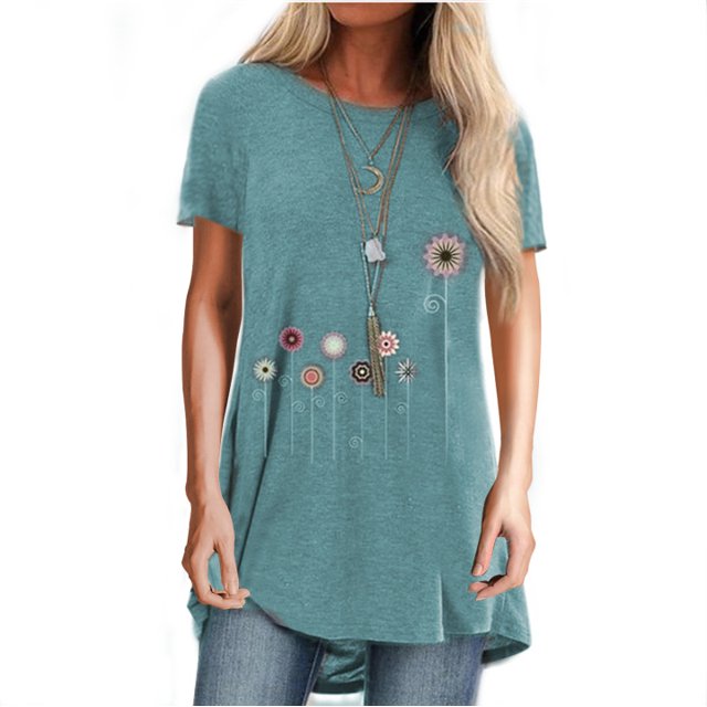 DYMADE Blouse Décontractée à Manches Courtes et Col Rond pour Femmes, Motif Floral