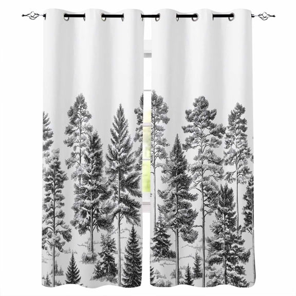Black Pine Tree Blackout Curtains for Bedroom/Living Room, Thermal Insulated Kitchen Curtains, Vintage Watercolor Botanical Grommet Darkening Window Treatment Drapes 42"x63"x2