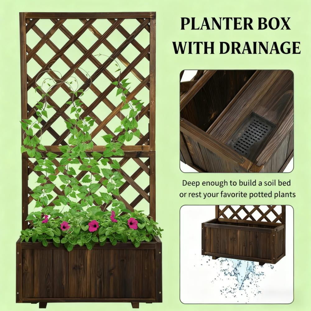 Garden Bed, Wooden Raised Garden Bed Planting Planter Box with Trellis and Drain Holes for Climbing Vine Plants