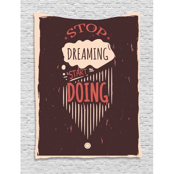 Stop Thinking Start Doing Tapestry, Grungy Pattern of Stripes Wavy Blobs, Wall Hanging for Bedroom Living Room Dorm Decor, 60W X 80L Inches, Pale Peach Dark Peach, by Ambesonne