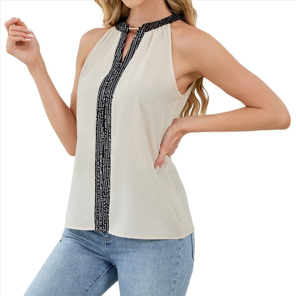 Camisa de con Cuello en V y Sin Mangas para Mujer, para Oficina y Trabajo. Albaricoque XXL