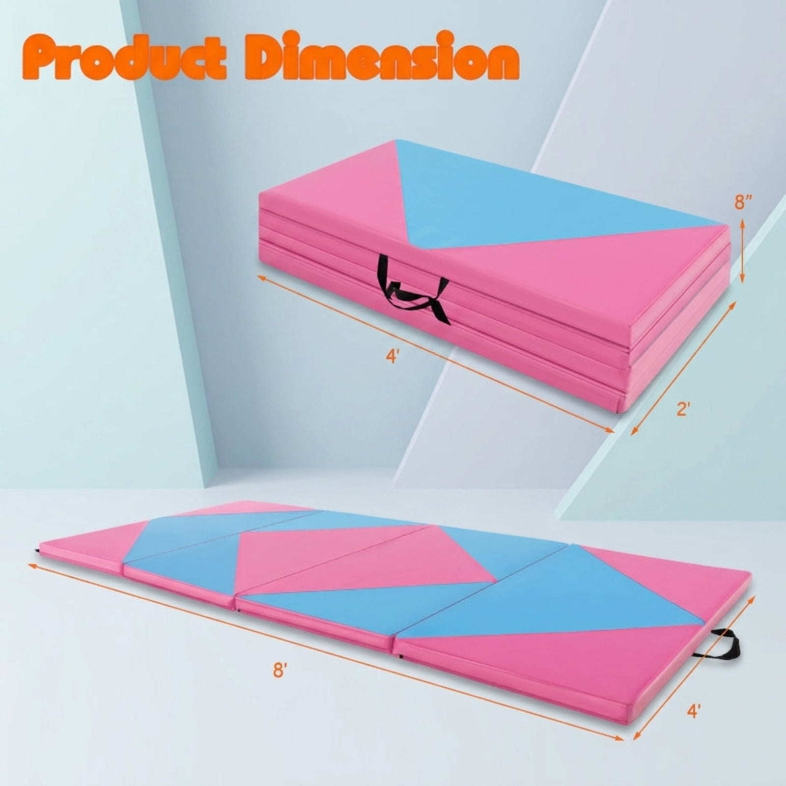 Airfind 8 Feet PU Leather Folding Gymnastics Mat with Hook and Loop Fasteners and Carry Handles for Kids Tumbling and Cheerleading, Blue