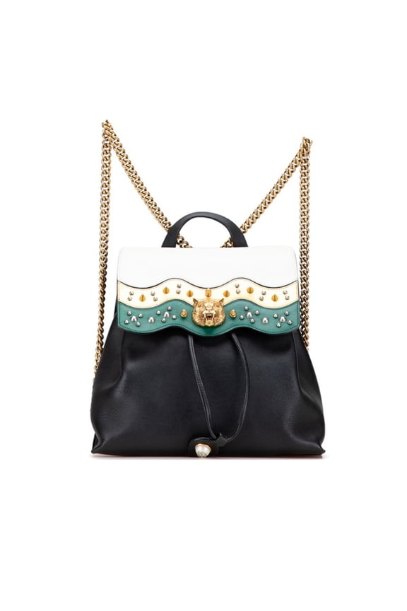 Pre-Owned Gucci Animalier Tiger Head Chain Backpack 432266 Black Green White Leather... (Good)