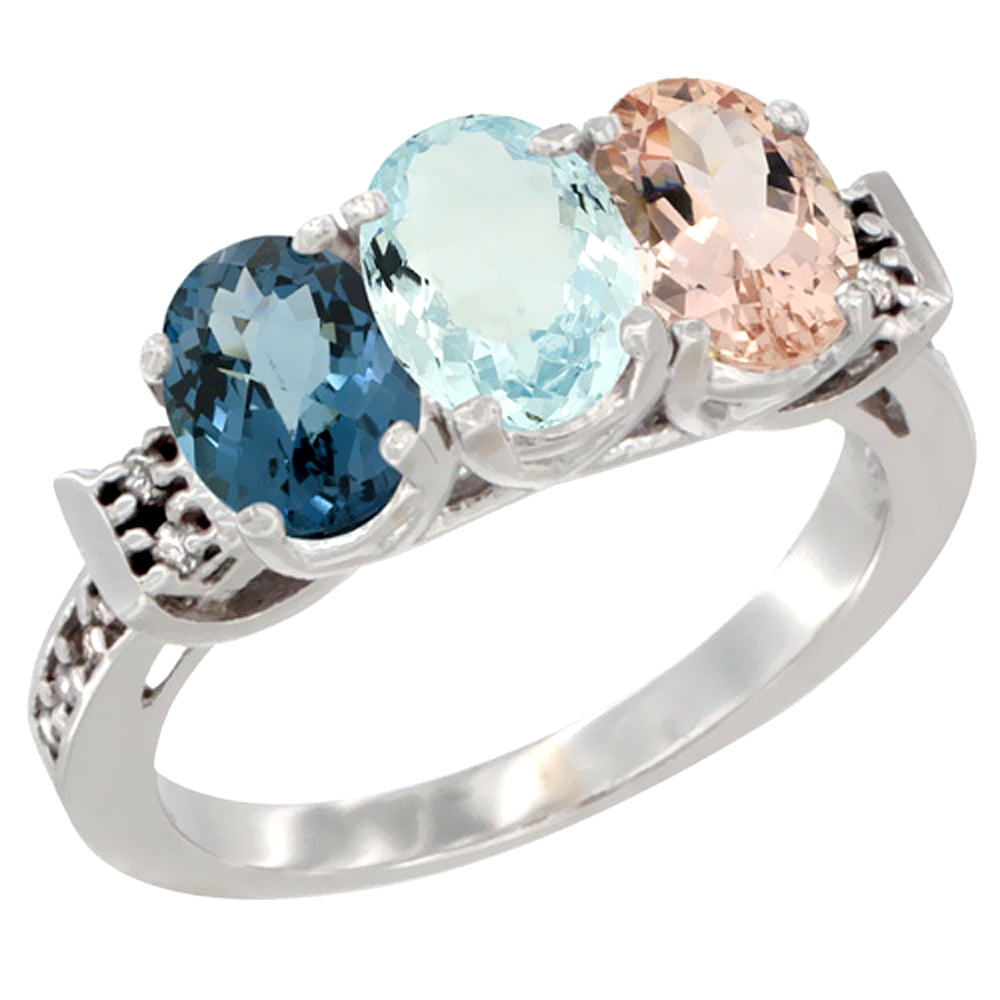10K White Gold Natural London Blue Topaz, Aquamarine & Morganite Ring 3-Stone Oval 7x5 mm Diamond Accent, sizes 5 10 by WorldJewels