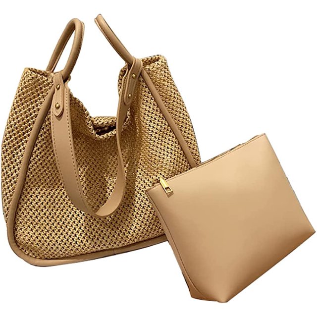 LHSHID Women Straw Bags Summer Rattan Hand-Woven Beach Large Tote Bag Fashion Handbag with PU Strap