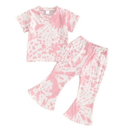

LNWUY Baby Girl Clothes Toddler Girl Tie Dye Outfit Short Sleeve T-Shirt Flare Pant Set Summer Fall Outfit Set Pink 12 Months