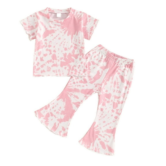 Odeerbi Infant Girls 2 Piece Outfits Tie-dye T-shirt Flared Pants Set Summer Clothes Fashion Casual Round Neck Collar Short Sleeve Botton Tops Solid Color Long Pants Sets Pink