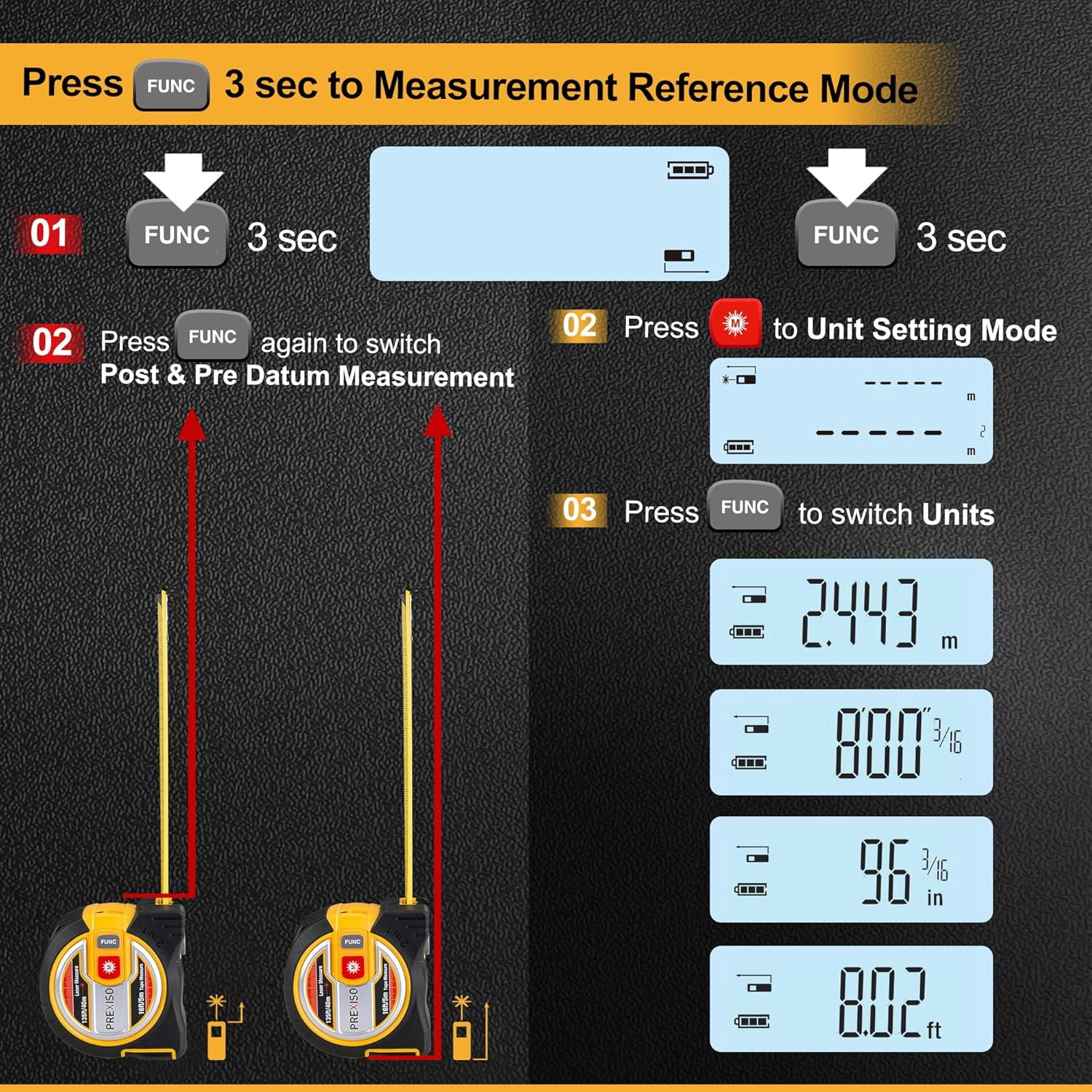 PREXISO 2-in-1 Laser Tape Measure, 135 ft Laser Measurement Tool & 16 ft Measuring Tape with Auto Lock & Movable Magnetic Hook - Pythagorean, Area, Volume-NOT Digital