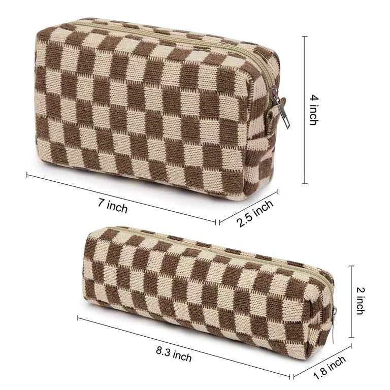  CHICREEN Brown Checkered Makeup Bag Large Travel Cosmetic Bag  Organizer - Big Makeup Pouch Bag with Zipper for Beauty and Toiletries  Travel Toiletry Bag for Women and Girls,Brown Checkered A 