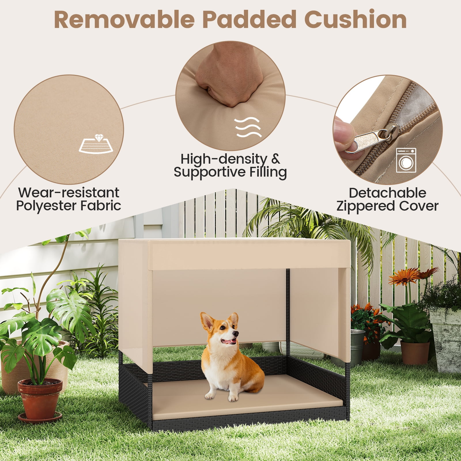 Gymax Outdoor Dog Shelter w/Cushioned Bed & Removable Sunproof Canopy Raised Legs