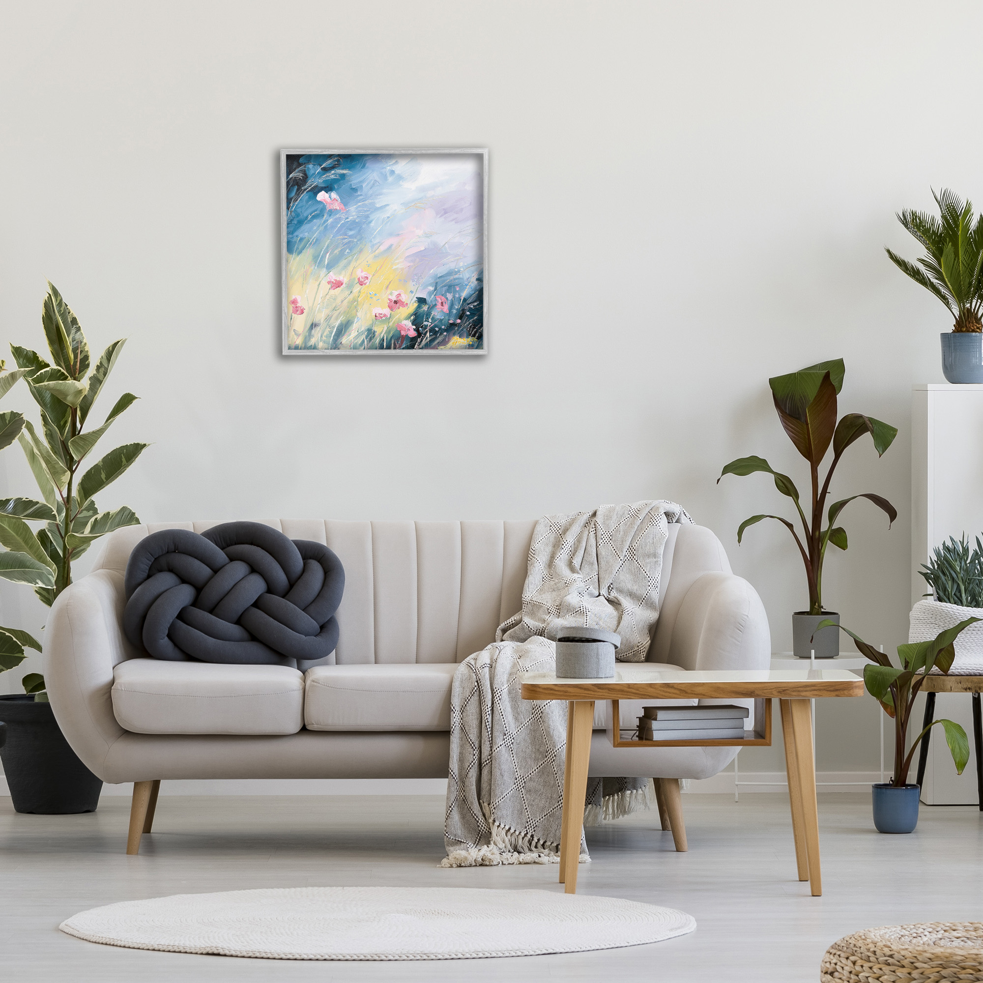 Stupell Industries Flowers with Abstract Ombre Botanical & Floral Painting Gray Framed Art Print Wall Art, 24 x 24
