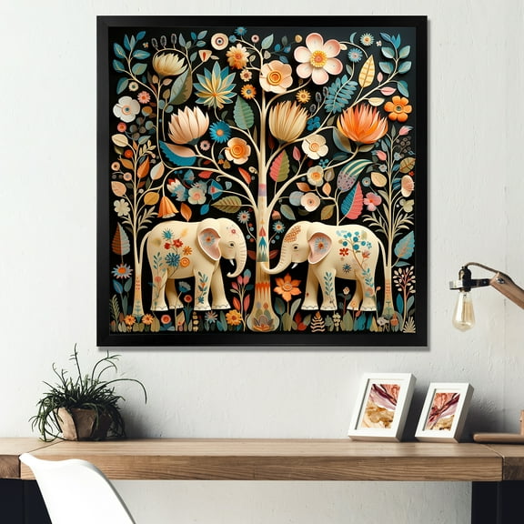 Designart "Jaipur Elephants Indian Art IV" People Framed Wall Art Decor - Global Beige Indian Art Living Room Framed Canvas Art
