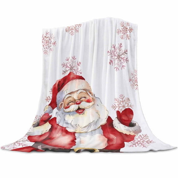 Christmas Flannel Blanket for Bed,Travel and Camping, Watercolor Snowflakes Retro Santa Claus White Super Soft Cozy Blanket for All Seasons 40"x50"