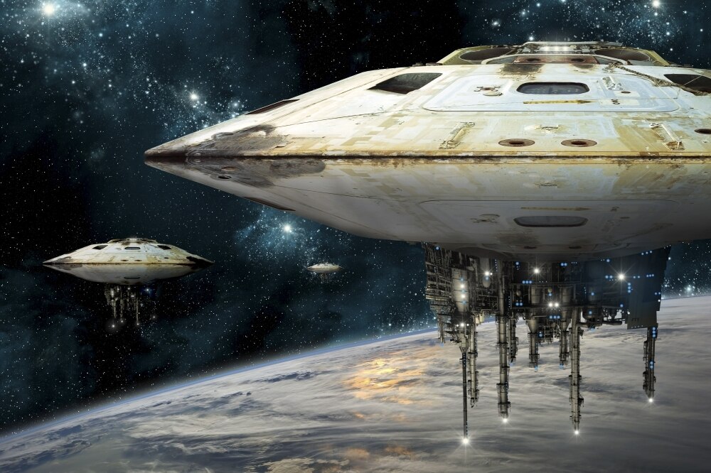 A fleet of massive spaceships take position over Earth for a coming