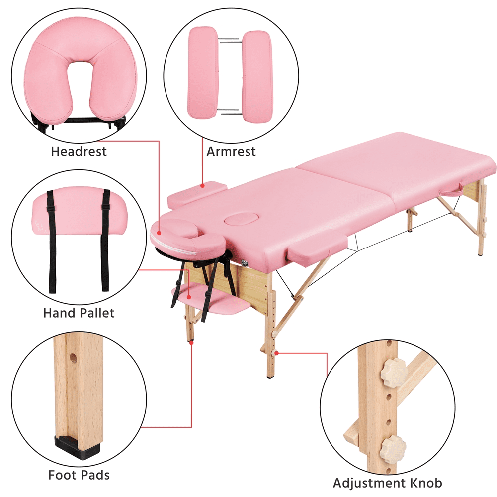 Renwick Portable Folding Massage Table with Face Cradle and Armrests, Pink