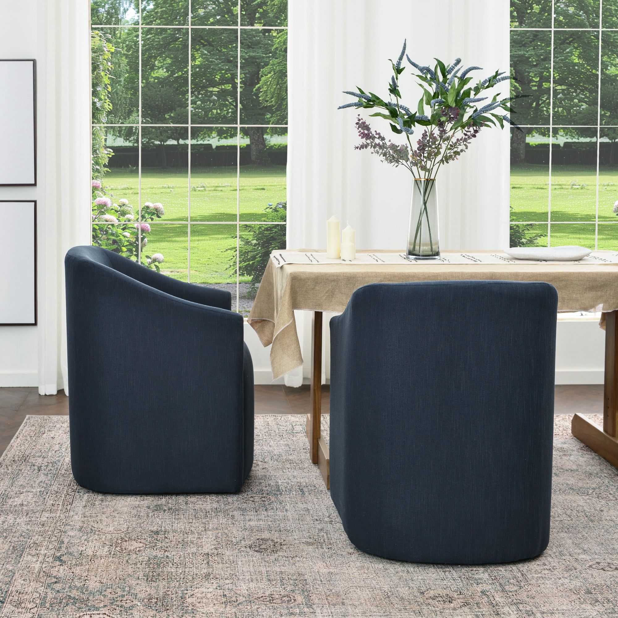 KINWELL 25" Wide Upholstered Dining Chairs with Casters Set of 2, No Assembly Modern Performance Fabric Barrel Back Rolling Dining Armchair for Kitchen Dining Room (Indigo)