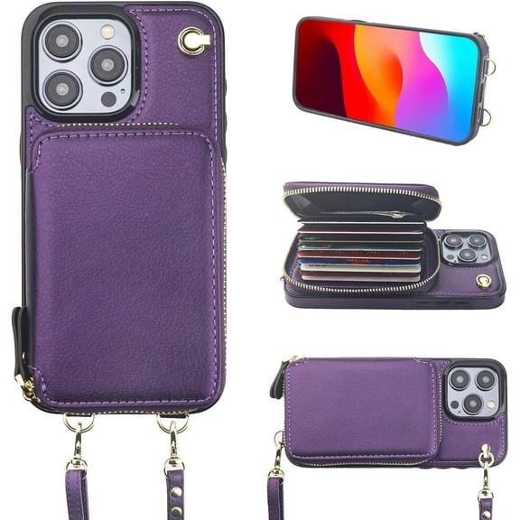 Crossbody Wallet Case for iPhone 15 Pro Max, RFID Blocking Leather Purse Case with Card Holder, Protective Handbag Flip Cover with Zipper Wrist Strap Lanyard for Women 6.7 Inch (Dark Purple)