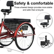 TUOKE Versatile 26-Inch 3-Wheel Adult Tricycle with 7-Speed Transmission and storage Basket for Ultimate Convenience and Utility (RED)