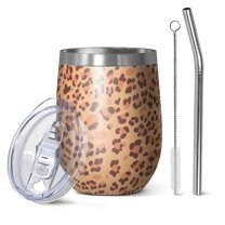 Leopard Print 12oz Stainless Steel Insulated Wine Tumbler with Lid and Straw – Double Wall Vacuum Mug for Hot & Cold Drinks, 304 Steel Interior, Sweat-Free Design
