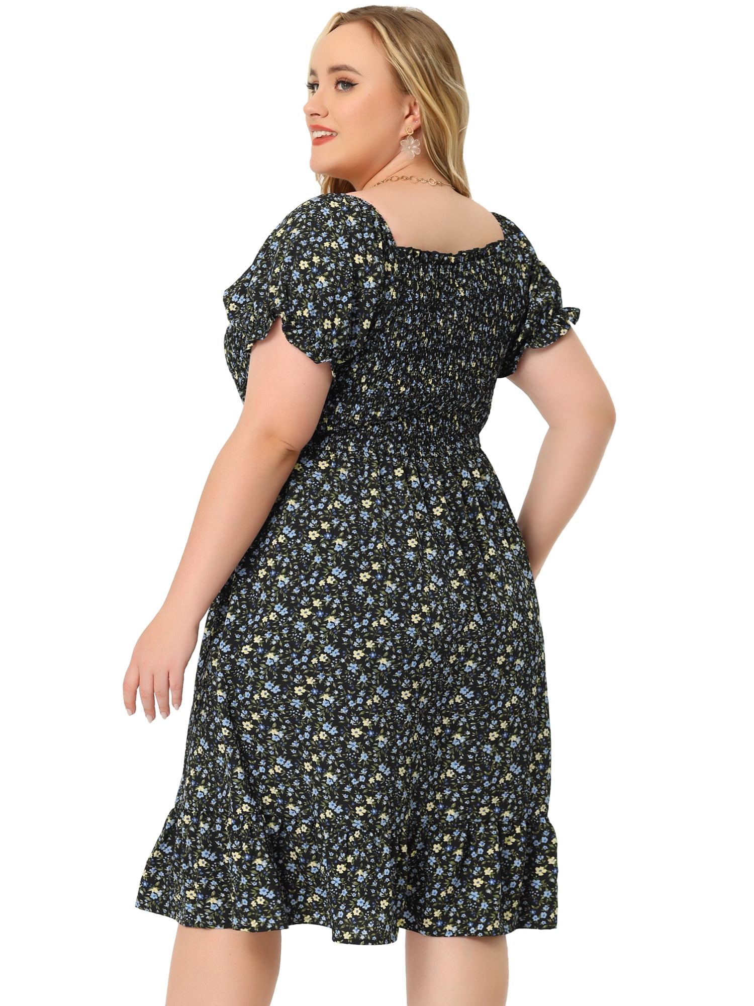 DARING DIVA Plus Size Flared Flowy Smock Ruffle Sleeve Floral Dress 3X Black