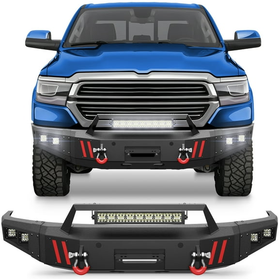 POFENZE Fits 2019-2024 Dodge Ram 1500 Front Bumper Offroad Bumper with Winch Plate and LED Lights