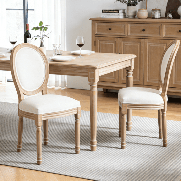 Farmhouse Solid Wood Frame Dining Chairs with Cushioned Linen Seat & Backrest, Set of