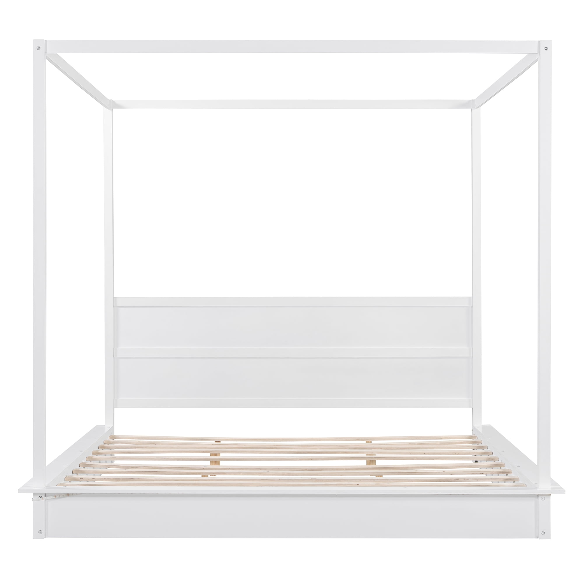 Mintazer King Size LED Canopy Bed with Wood Headboard, Platform Four Poster Bed Frame Easy Assembly, No Box Spring Needed, White