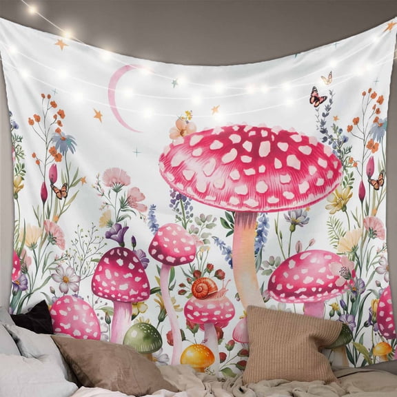 Pink Mushroom Small Tapestry for Bedroom Wall Hanging Tapestry, Butterfly Flower Moon Country Botanical Ceiling Backdrop Tapestries Poster Blanket Wall Decor for Teens Room Living Room Dorm 23" x 28"
