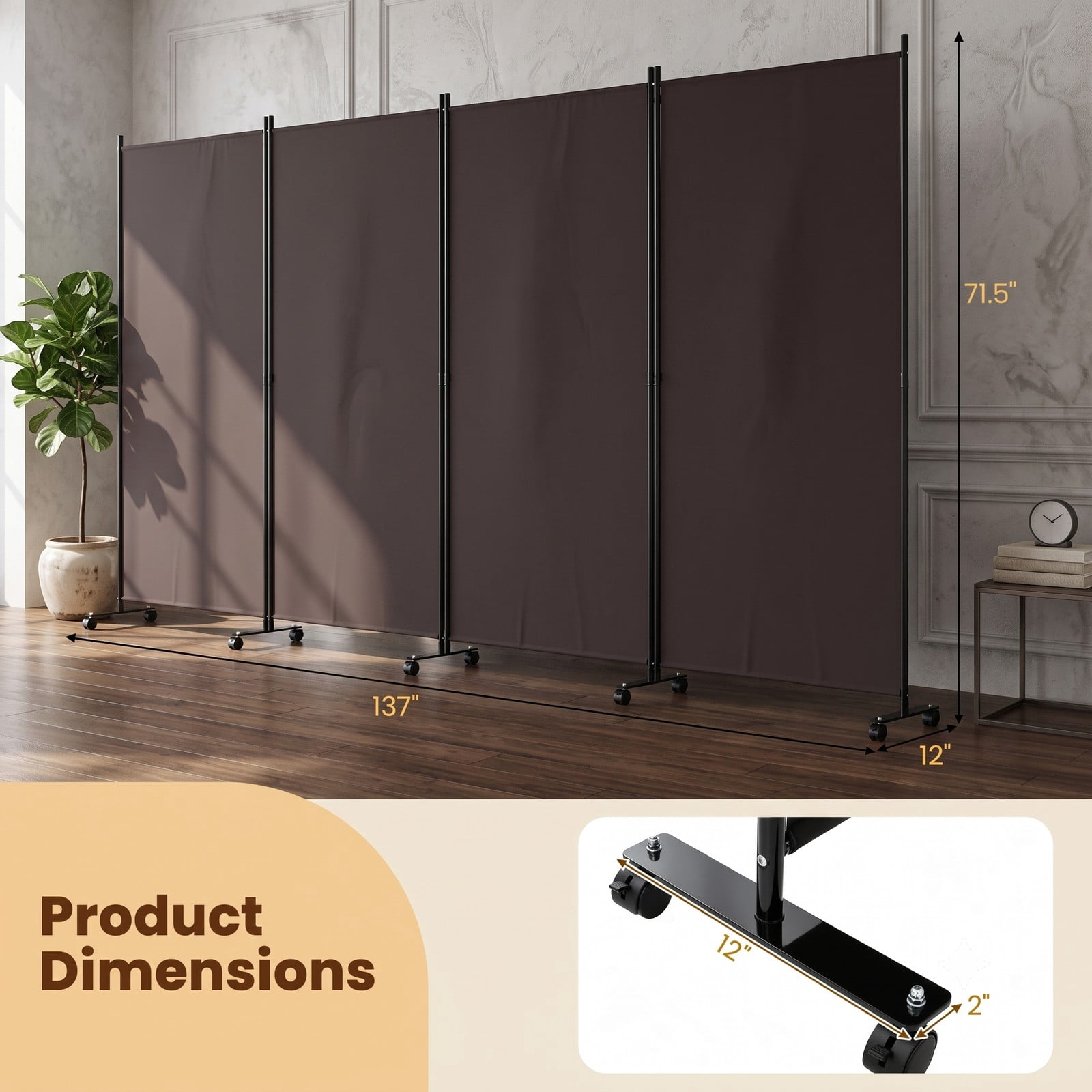 ALPULON 4 Panel Folding Privacy Screen Room Divider with Universal Wheels, Portable Freestanding Polyester Fabric Partition Panel for Bedroom Living Room Office, Brown