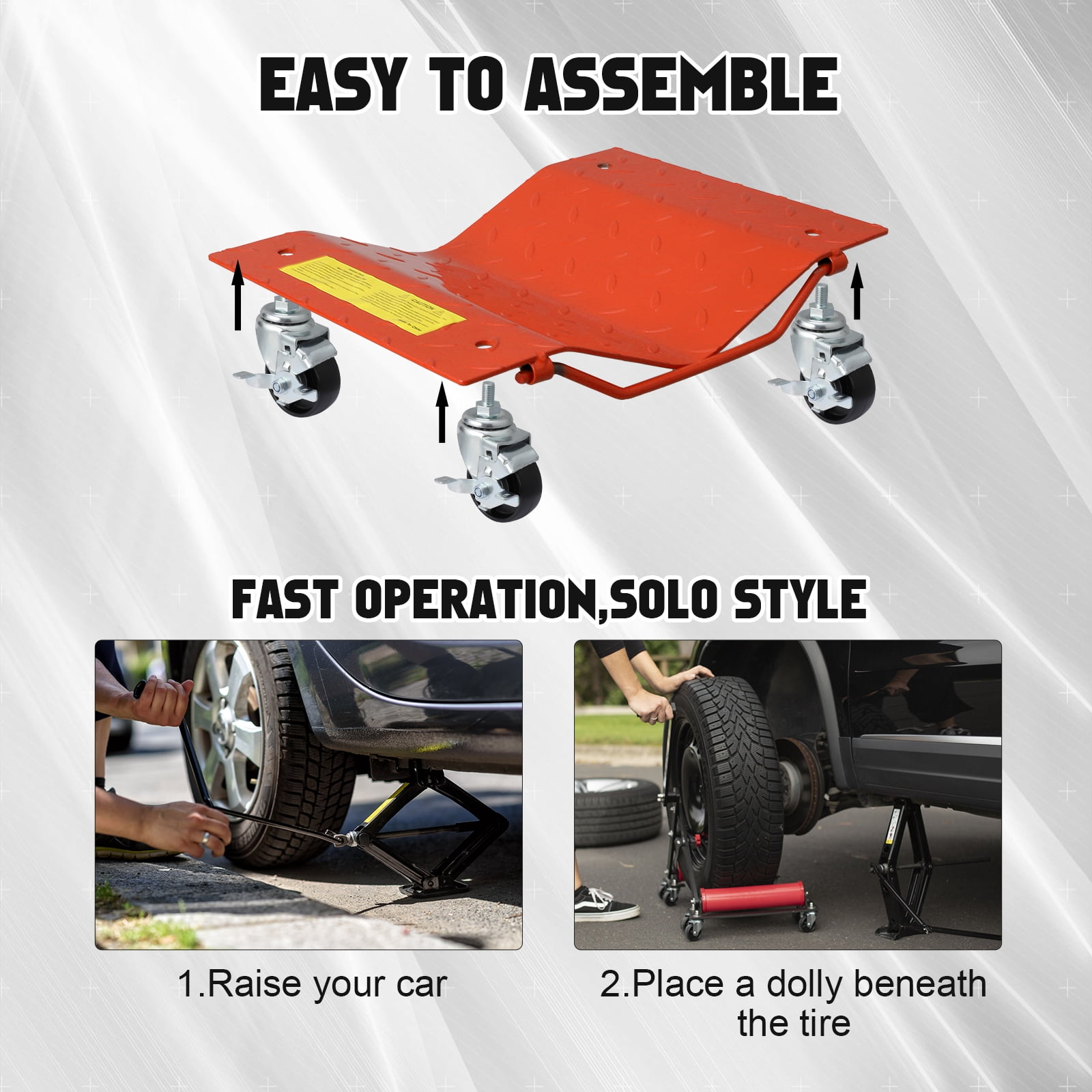Shininglove 4-Pack Wheel Dolly Set – 1500LBS Capacity per Dolly, 360° Swivel Casters with Locking Brakes, Car Positioning Skates for Garage, Auto Shop, & Vehicle Storage(Orange)