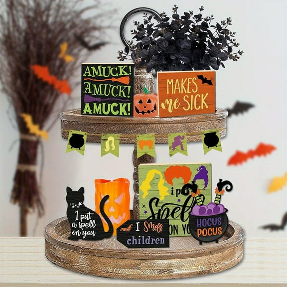 Halloween Tiered Tray Decor, Black Cat Wooden Signs, Halloween Home Decor for Tabletop Shelf Party