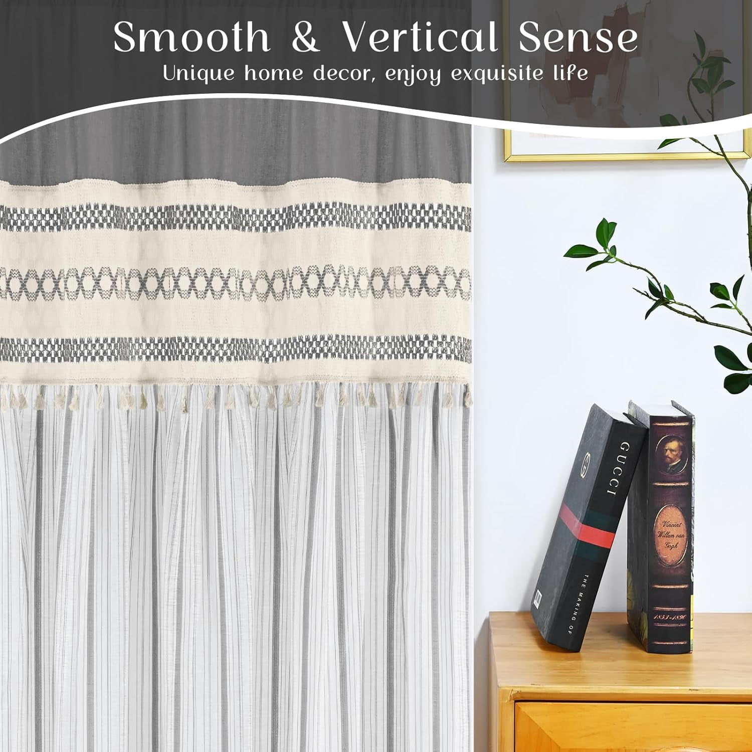 Alishomtll Boho Linen Light Filtering Curtains 63 Inches Long Farmhouse Rustic Striped Drapes Macrame Burlap ,Rod Pocket  ,Gray ,with Tassel