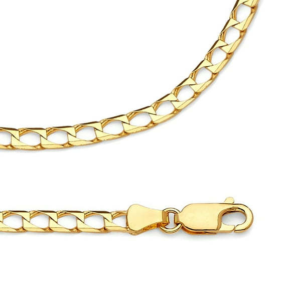 Square Curb Chain Solid 14k Yellow Gold Necklace Mens Diamond Cut Link Polished Style, 3.4 mm - 20,22,24 inch