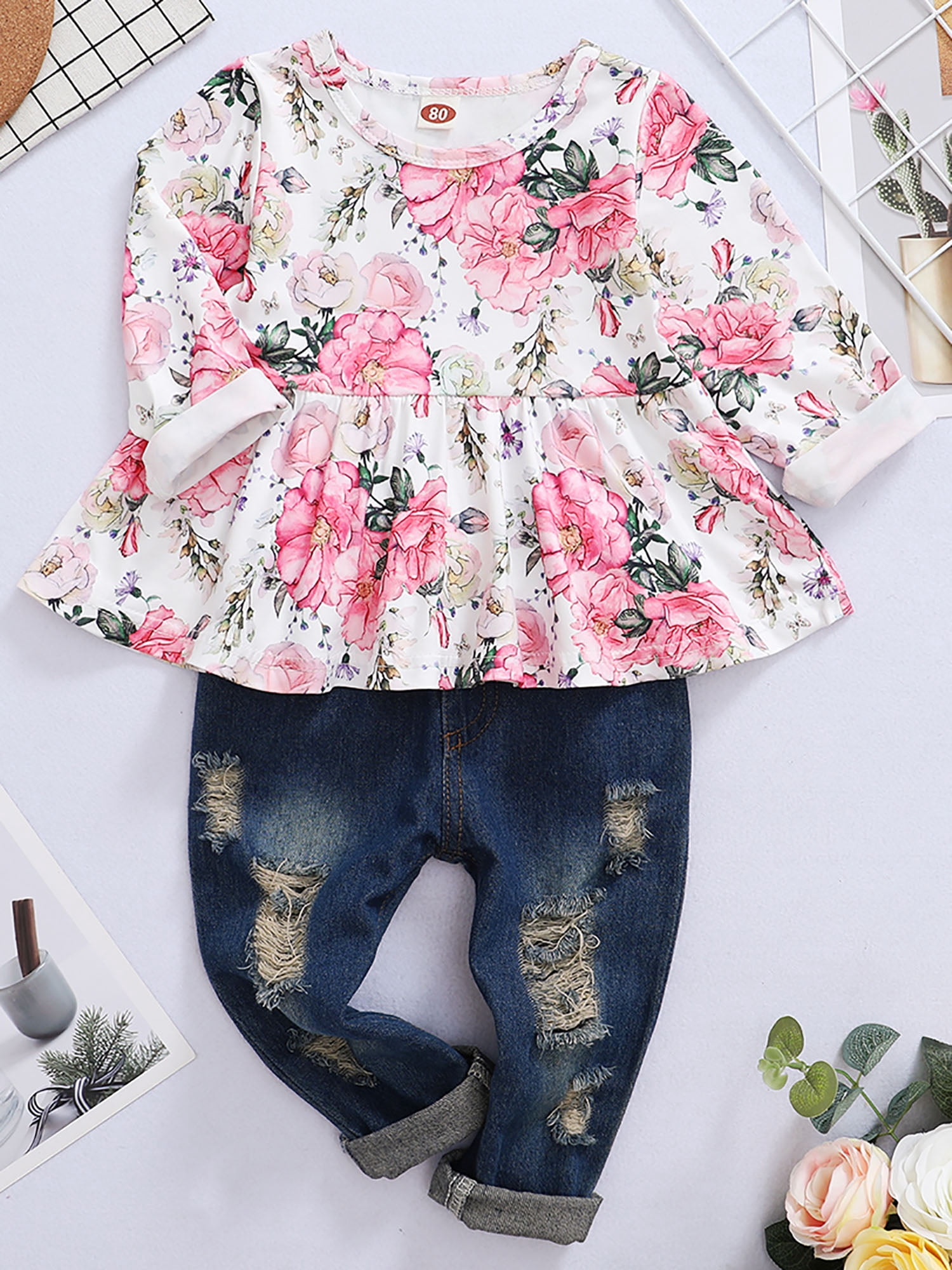 CARETOO Girl Clothes Outfits Toddler Baby Ruffle Sleeve Floral T-Shirt Tops Ripped Jeans Pants Set