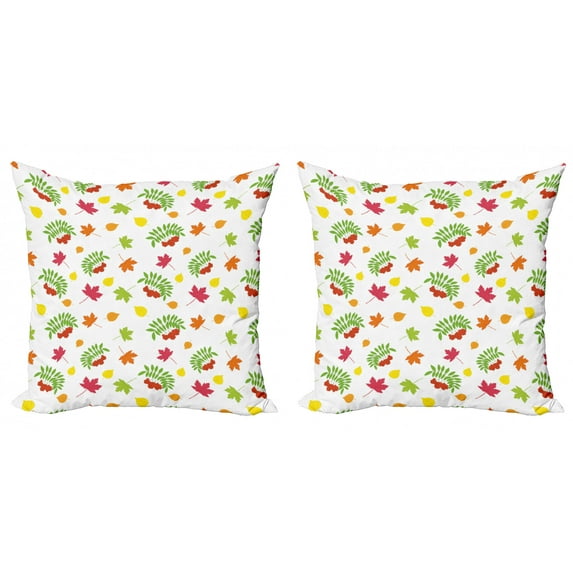 Autumn Throw Pillow Cushion Cover Pack of 2, Fall Foliage Rowan Berries Maple Leaves Plain Backdrop, Zippered Double-Side Digital Print, 4 Sizes, Multicolor, by Ambesonne