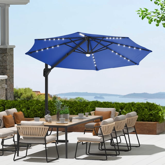 10FT Offset Cantilever Patio Umbrella with Solar-Powered LED Lights - 360° Rotation & Easy Tilt - Waterproof Polyester Shade - Cross Base Included - Outdoor Sun Shade