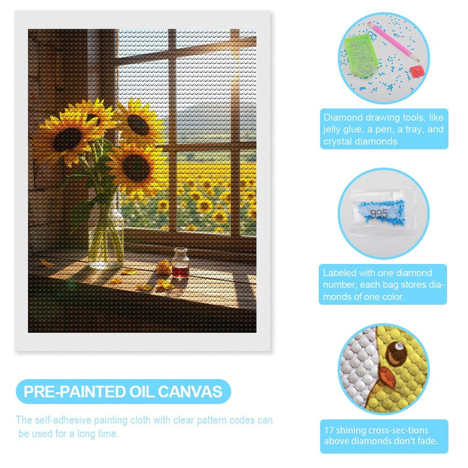 Diamond Art Kits for Adults, Sunflowers In Glass Vase Window Light 5D Diamond Painting Kits for Adults Beginners, DIY Full Drill Diamond Painting, Gem Art and Crafts 12x16