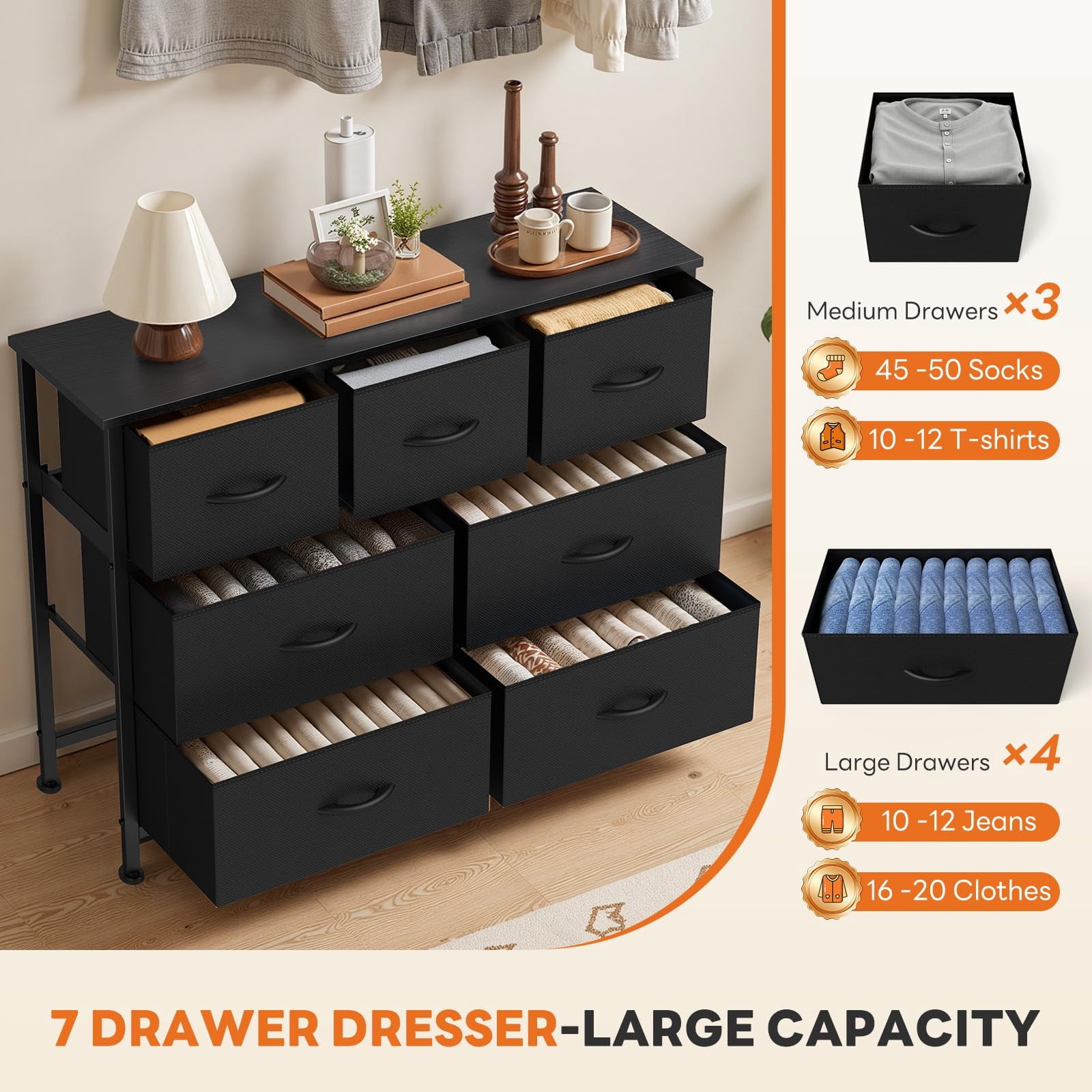 Telyra 7-Drawer Fabric Dresser TV Stand Organizer with Wood Top and Metal Frame Wide Storage Chest, Ink Black