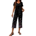 thumbnail image 3 of Womens Lounge 2 Piece Outfits Short Sleeve Tiered Tops Floral Print Wide Leg Capri Pants Summer Travel Outfits, 3 of 6