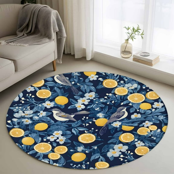 Lemon Bird Round Rug 3ft Washable Circle Entryway Rugs Non Slip Blue Yellow Pastoral Flowers Plant Summer Area Rug Indoor Floor Carpet for Bedroom Kitchen Living Room Home Office Dining Room Nursery