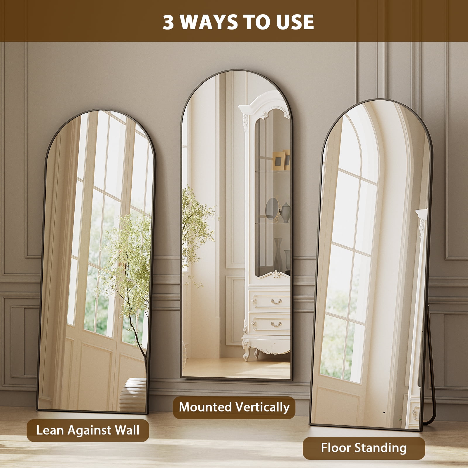 AUROMIR 64"x 21" Full Length Mirror Arched Full Body Floor Mirror with stand, Black