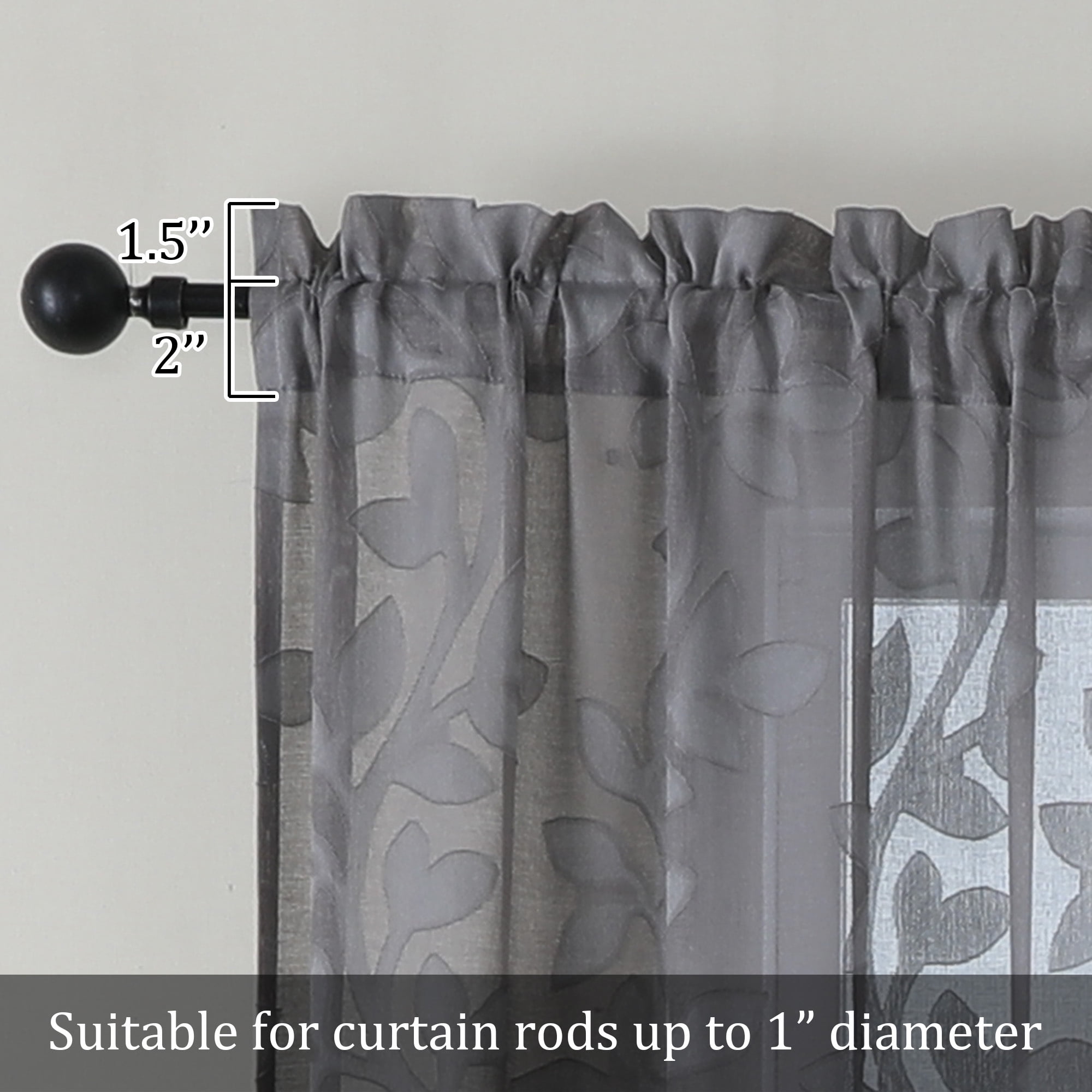 OVZME Darla 63 Inches length Sheer Curtain Set of 2, Soft Light Filtering Leaf Jacquard Farmhouse Window Curtains & Drapes for Living Room Bedroom with Rod Pocket, Each 42Wx63L Inch Charcoal Grey