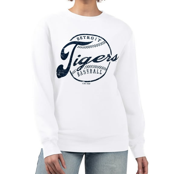 Women's G-III 4Her by Carl Banks White Detroit Tigers Distressed Baseball Team Fleece Pullover Sweatshirt