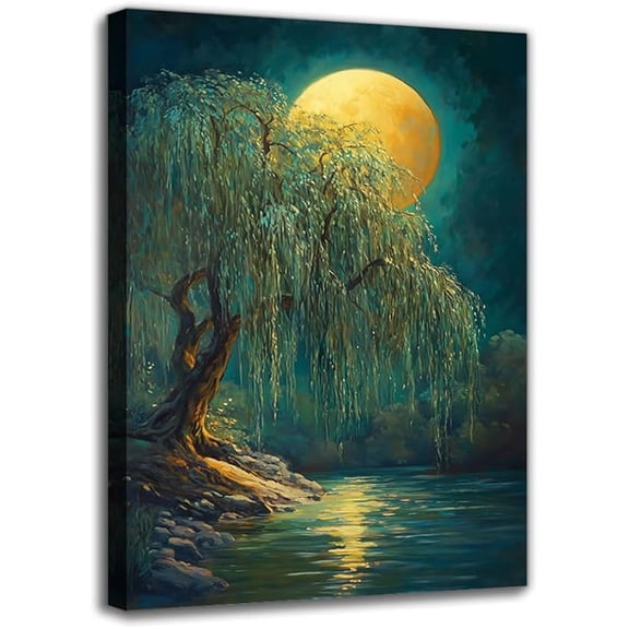 Charming Night Scenery Canvas Wall Art Prints - Framed Tree and Moon Art Painting, Nature Landscape Living room Decor Pictures, Wall Decor for Bedroom Bathroom Hallway Office Artwork